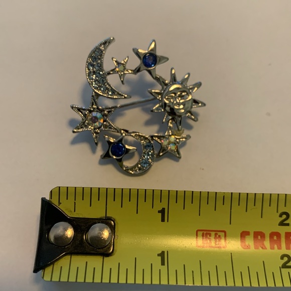 Sun Moon Stars Celestial Brooch Pin Silver Tone Rhinestones - Picture 3 of 4